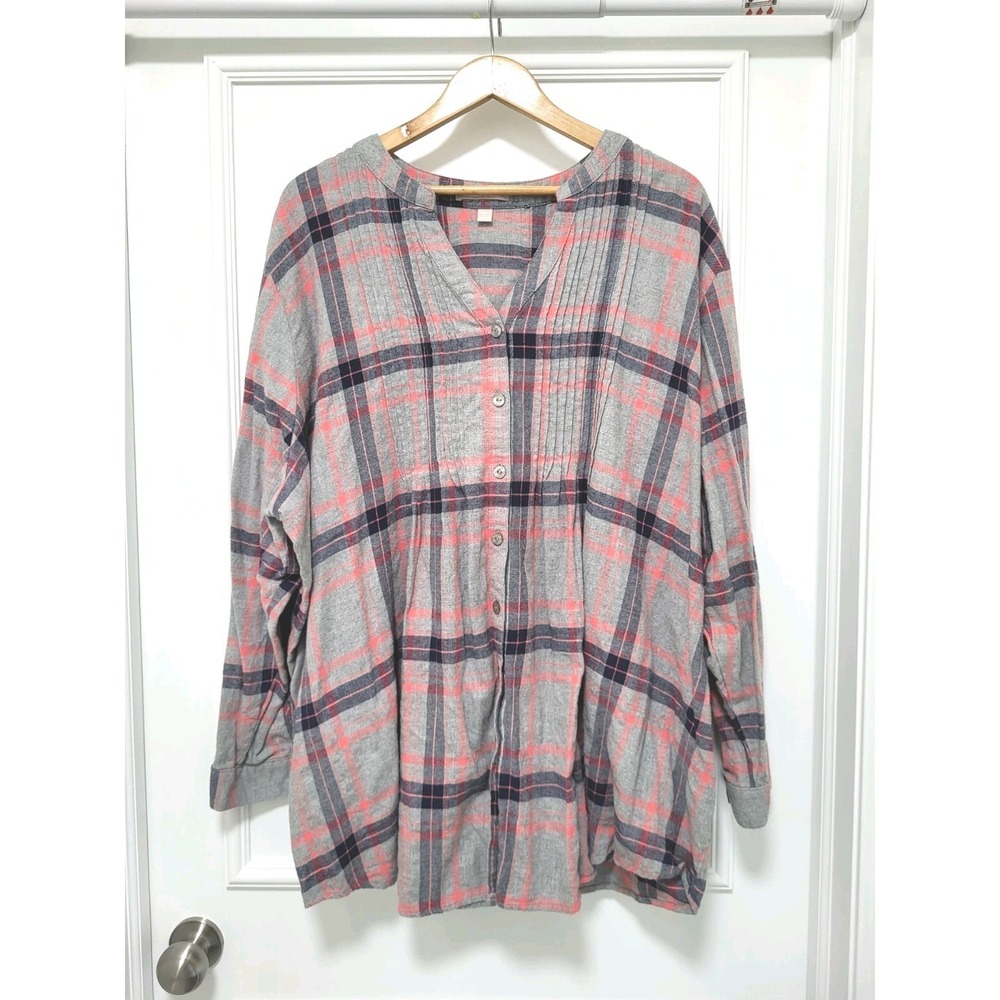 Gray Plaid Collarless Button Up Relaxed Fit Top Woman Within 3X - Picture 1 of 7
